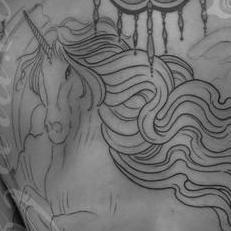 Tattoos - Unicorn and phoenix battle backpiece b&w - 123667